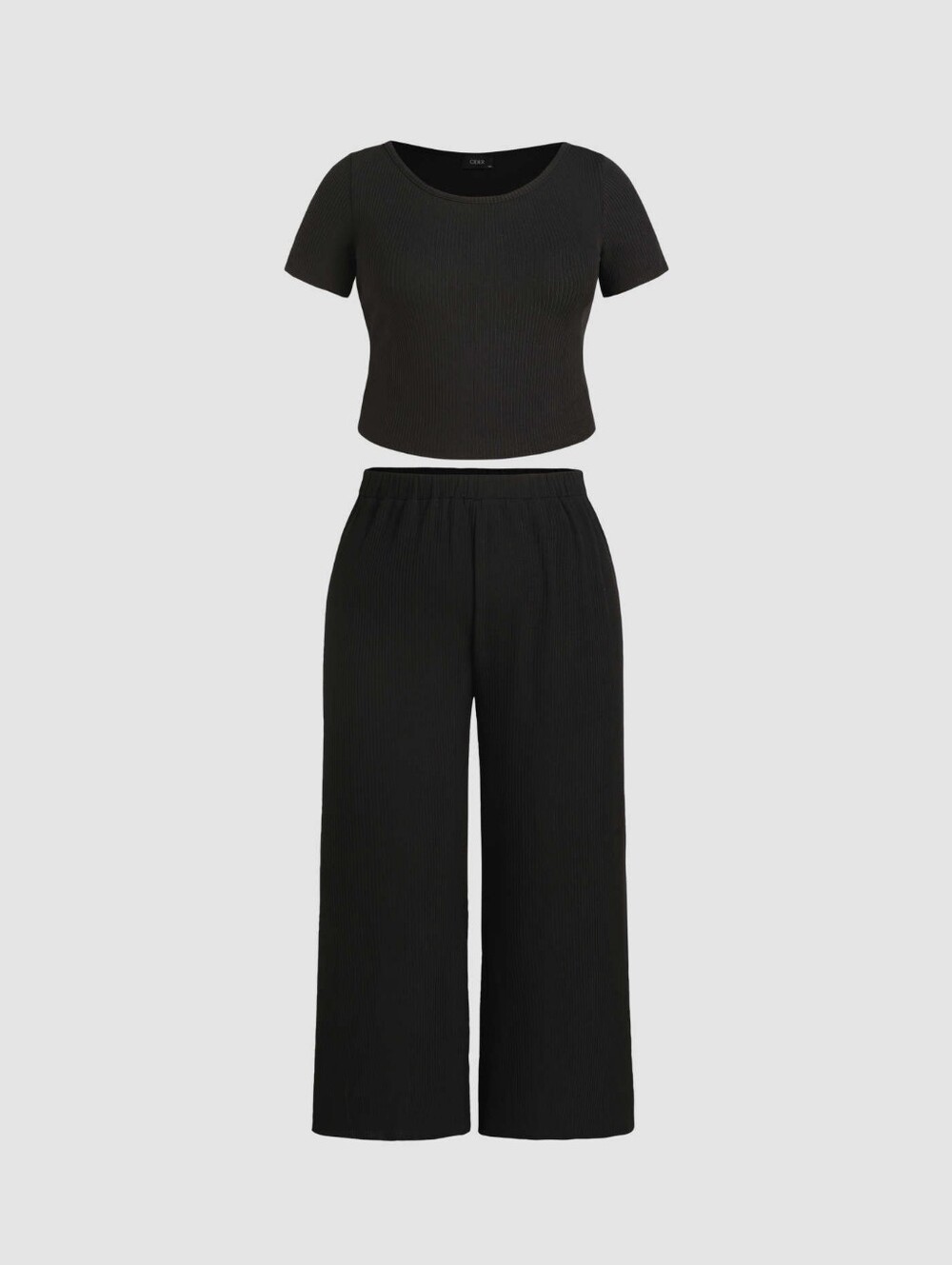 Cider | Knitted Short Sleeve Crop Top & Wide Leg Trousers Set